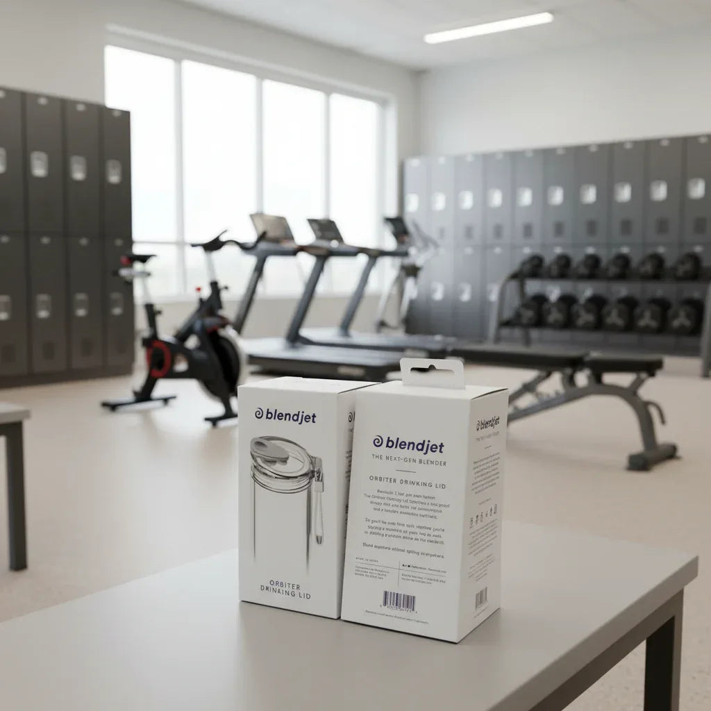 BlendJet Orbiter Drinking Lid in gym locker room fitness setting