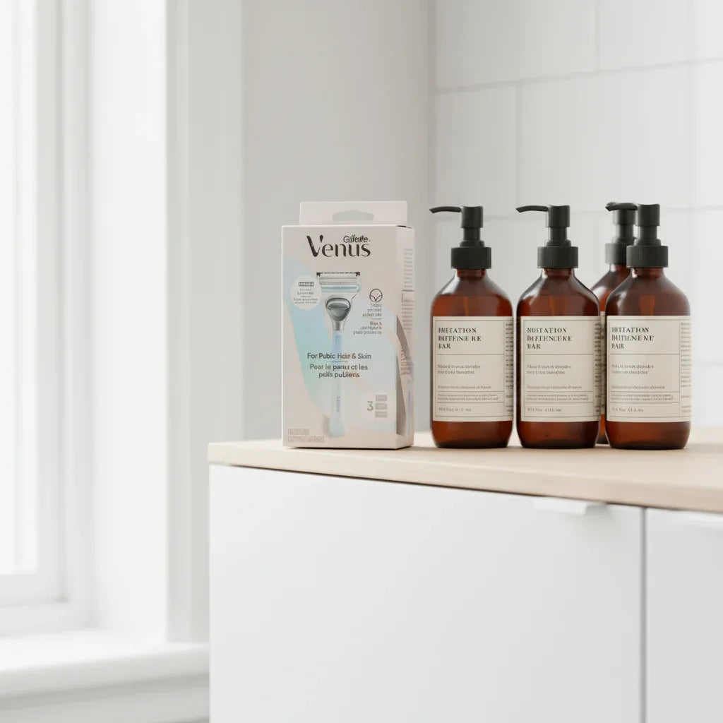 Gillette Venus Pubic Hair & Skin Razor Kit on minimalist bathroom cabinet shelf with luxury apothecary grooming bottles