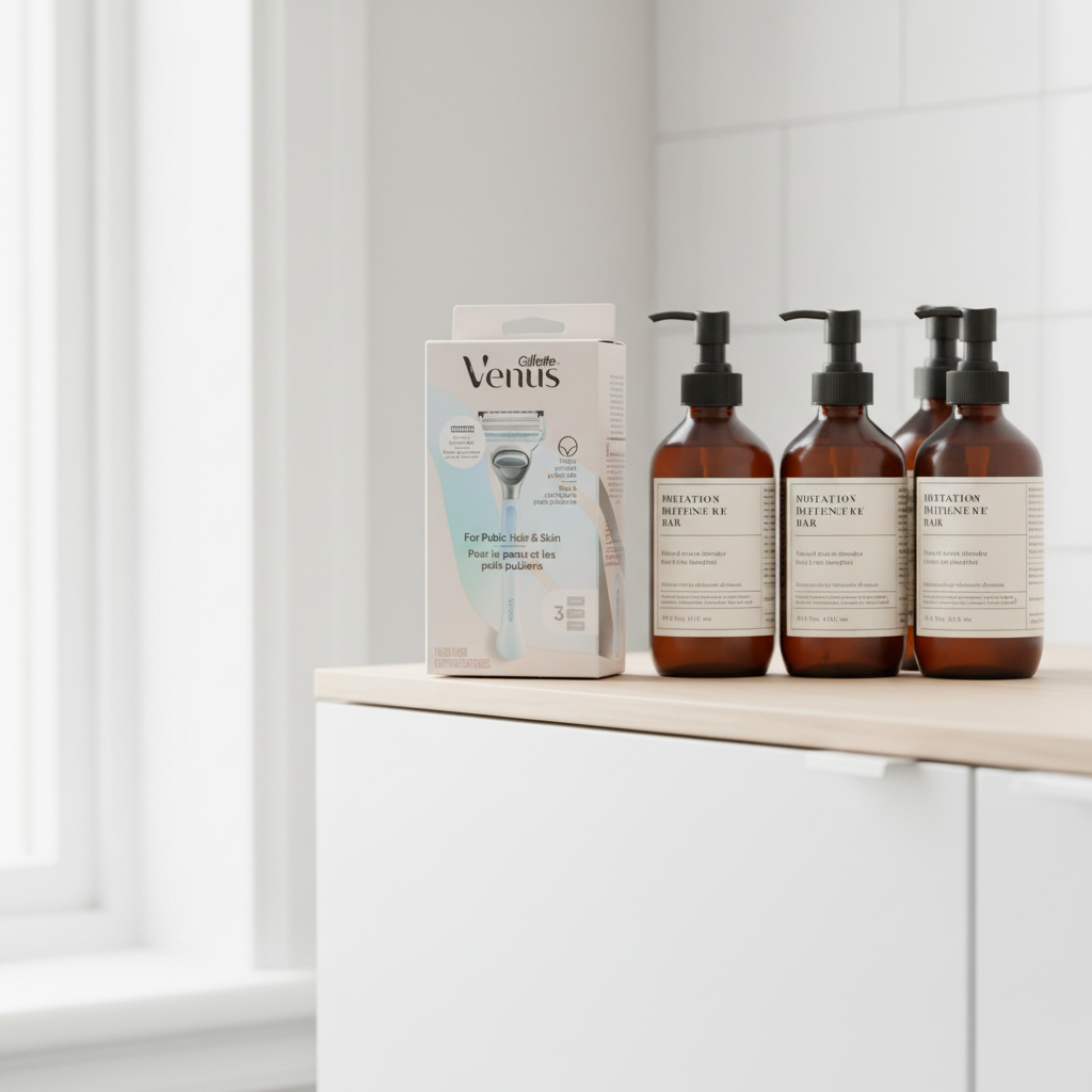 Gillette Venus Pubic Hair & Skin Razor Kit on minimalist bathroom cabinet shelf with luxury apothecary grooming bottles