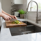 Home cook scraping vegetable peelings off cutting board into stainless steel kitchen sink drain