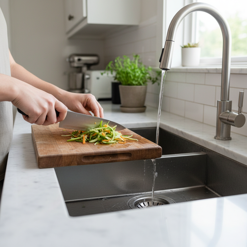 Home cook scraping vegetable peelings off cutting board into stainless steel kitchen sink drain