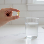 Close-up of a hand holding a small oval softgel supplement next to a glass of water