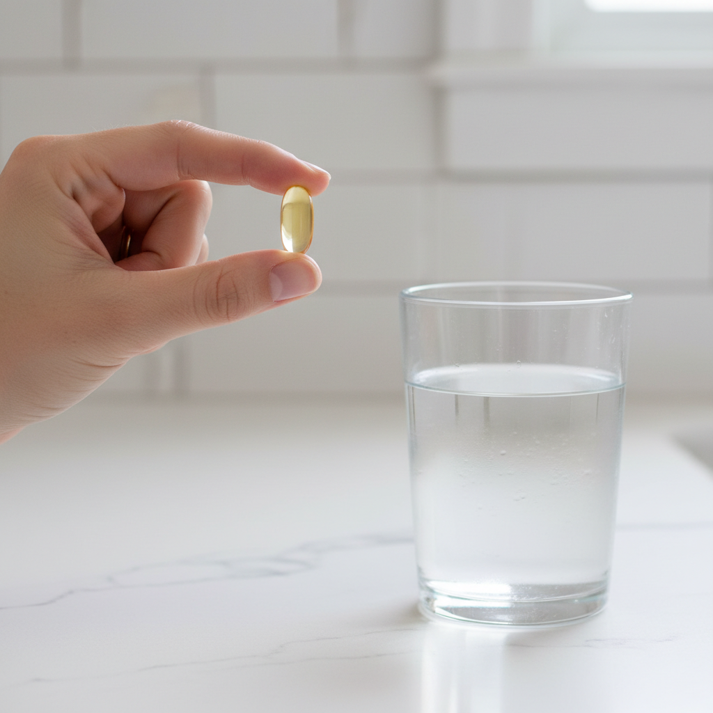 Close-up of a hand holding a small oval softgel supplement next to a glass of water