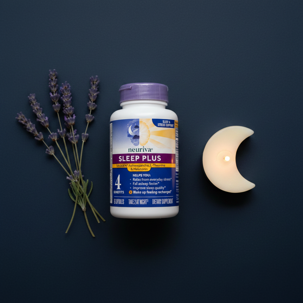 Neuriva Sleep Plus bottle on dark navy surface with lavender sprigs and moon candle – More4less Outlet