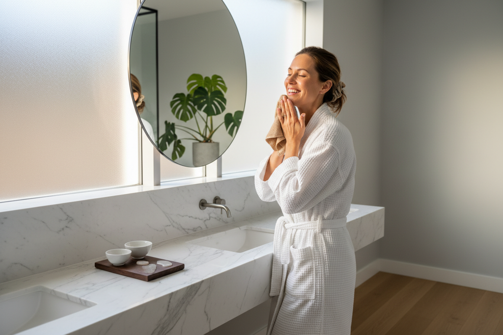 Confident woman doing morning wellness routine at bathroom vanity - women's health lifestyle