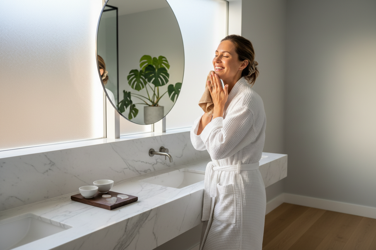 Confident woman doing morning wellness routine at bathroom vanity - women's health lifestyle