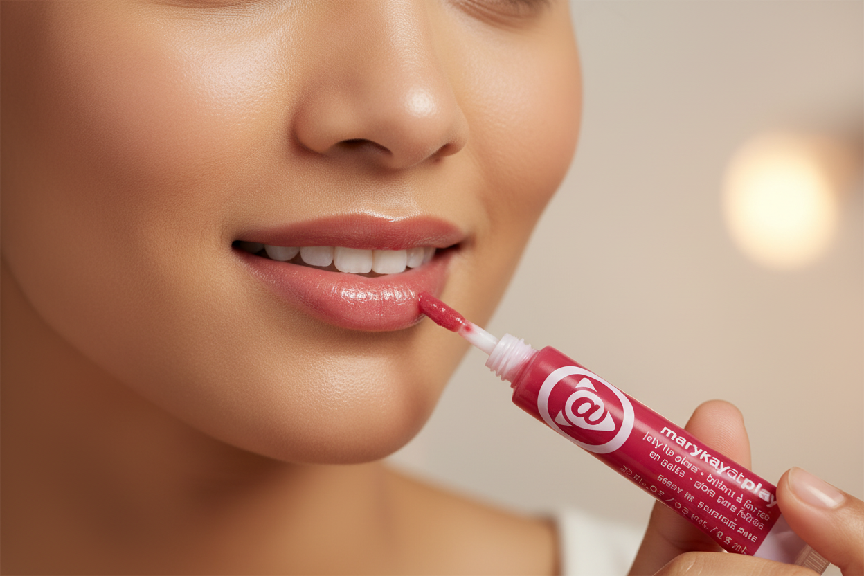 Woman applying sheer jelly lip gloss from squeeze tube showing brilliant glass-like shine – beauty lifestyle photography