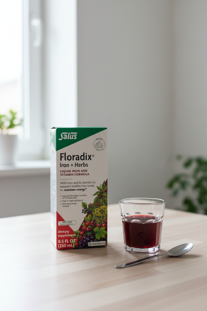Salus Floradix Iron and Herbs Liquid Formula 250ml box on a light wood surface next to a small glass of dark red liquid supplement and a spoon in a morning wellness setting – More4less Outlet