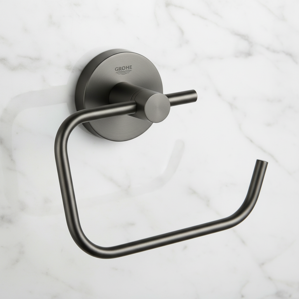 Grohe Essentials Hard Graphite toilet paper holder close-up showing dark graphite metallic finish and concealed round disc wall mount