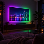 AI-generated lifestyle photo of the Bytech LED light strip glowing behind a TV in a dark living room
