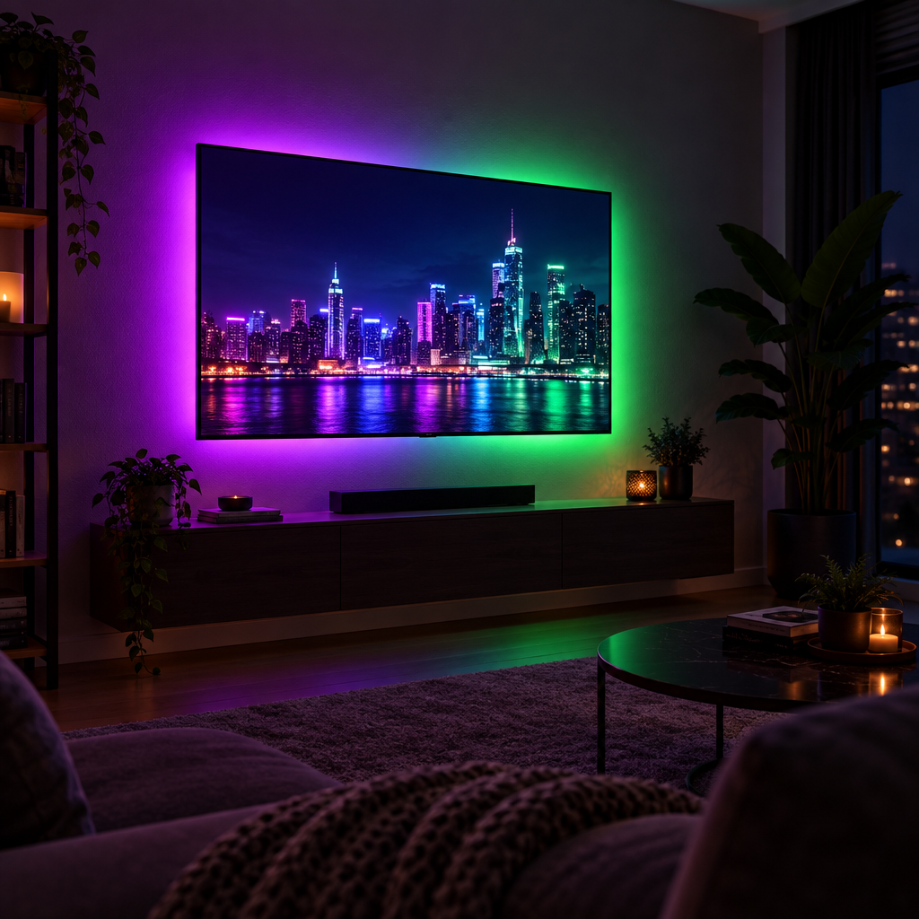 AI-generated lifestyle photo of the Bytech LED light strip glowing behind a TV in a dark living room