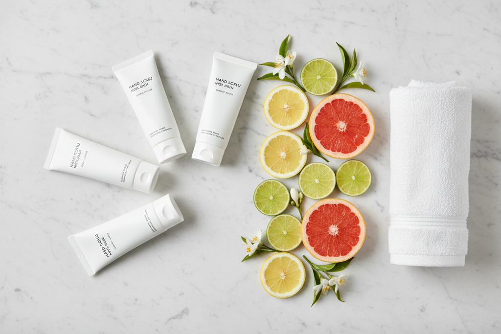 Top-down flat lay of three hand scrub tubes with citrus slices and white tea flowers on marble