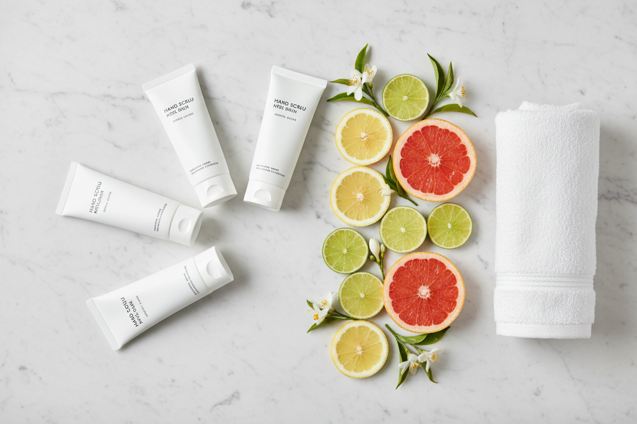Top-down flat lay of three hand scrub tubes with citrus slices and white tea flowers on marble