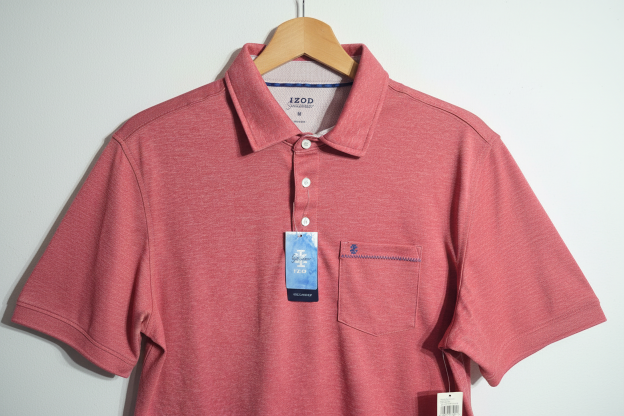 IZOD Saltwater Men's polo shirt heathered saltwater red size M hanging on wooden hanger white wall – More4less Outlet