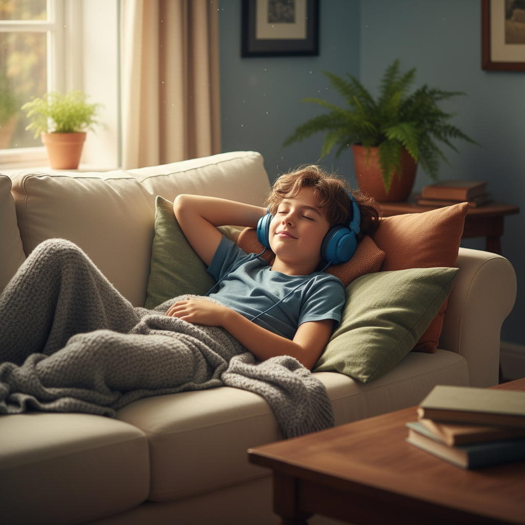 Child relaxing on couch listening to music with over-ear headphones in living room