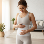 Woman in athletic wear wearing white elastic abdominal compression wrap around her waist in a bright home setting