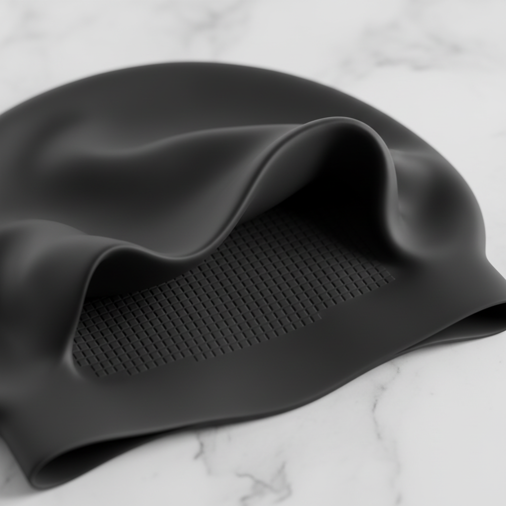 Detailed close-up of Speedo Elastomeric swim cap silicone texture showing micro-grid interior and pliable construction