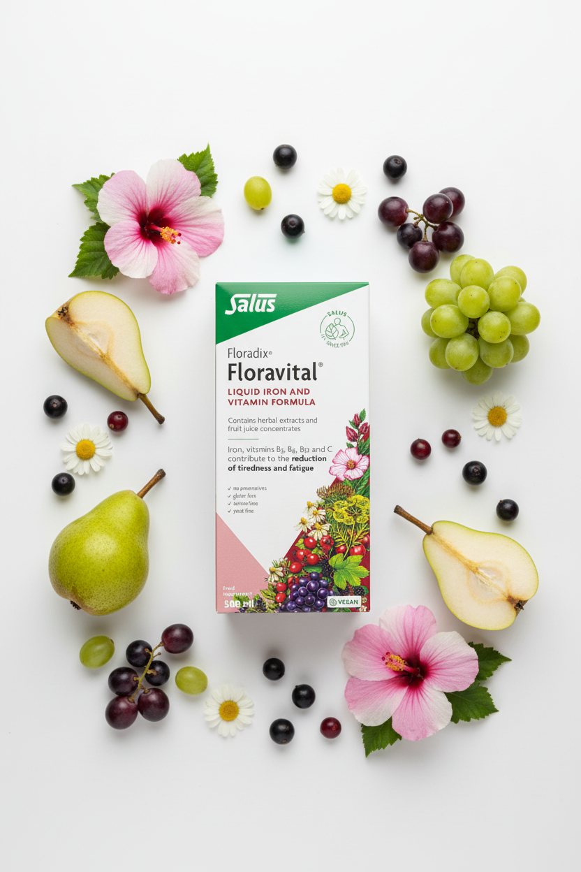 Salus Floradix Floravital Liquid Iron and Vitamin Formula 500ml box flat lay with fresh grapes, pears, black currants, hibiscus blooms, and chamomile flowers on a white surface – More4less Outlet