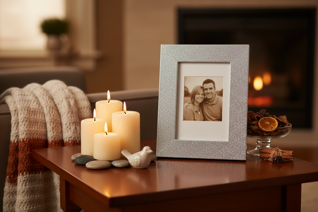 Living room side table with silver glitter 4x6 picture frame alongside candles and decorative accents