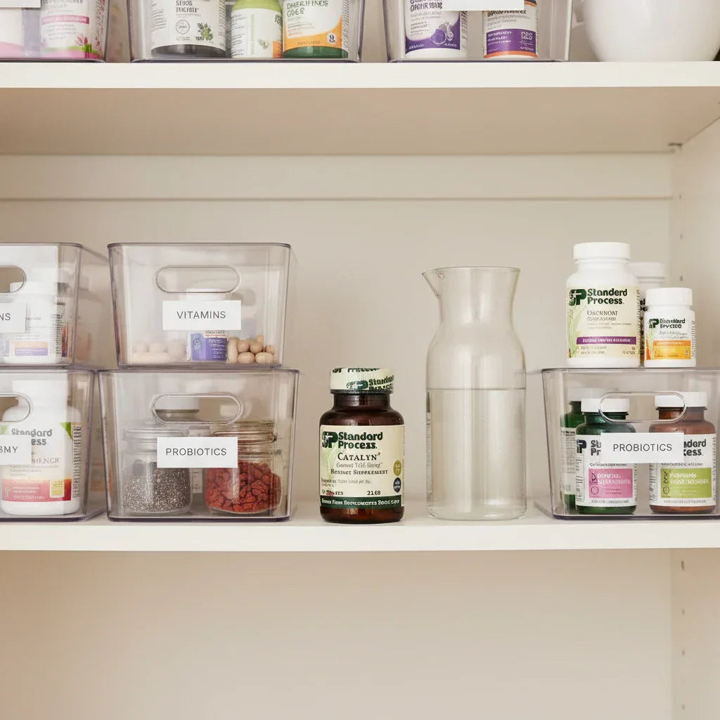 Whole food supplement bottle stored in clean wellness pantry with water carafe and organized storage bins
