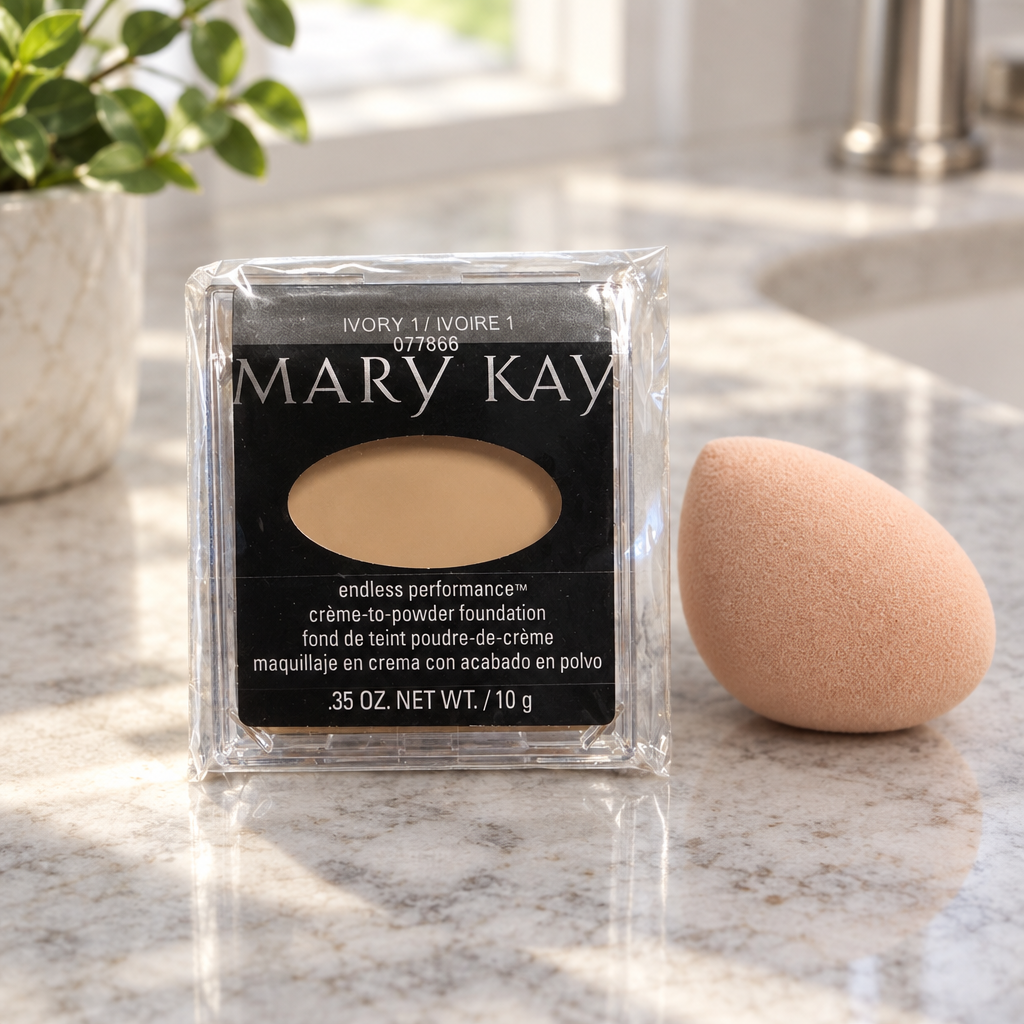 Mary Kay Endless Performance Creme-to-Powder Foundation compact on a bathroom vanity countertop beside a makeup sponge