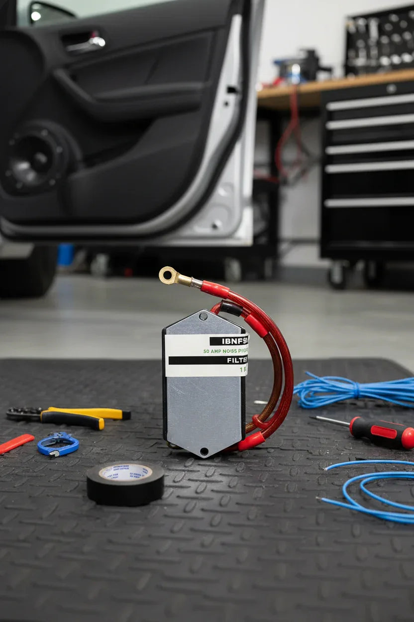 Install Bay IBNF50 noise filter unboxed on automotive workshop floor near open car door with speaker installation tools