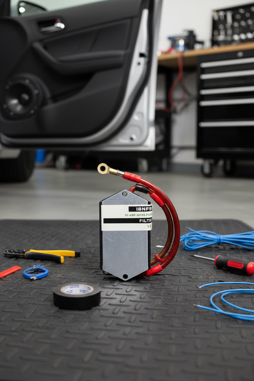 Install Bay IBNF50 noise filter unboxed on automotive workshop floor near open car door with speaker installation tools