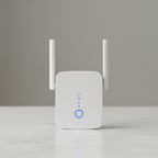 WLM M9 Wi-Fi range extender front view with two antennas on a tabletop