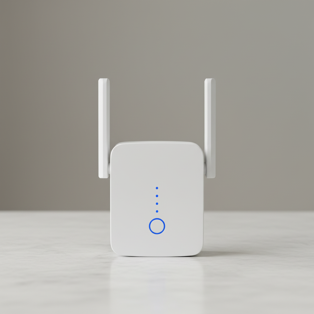 WLM M9 Wi-Fi range extender front view with two antennas on a tabletop