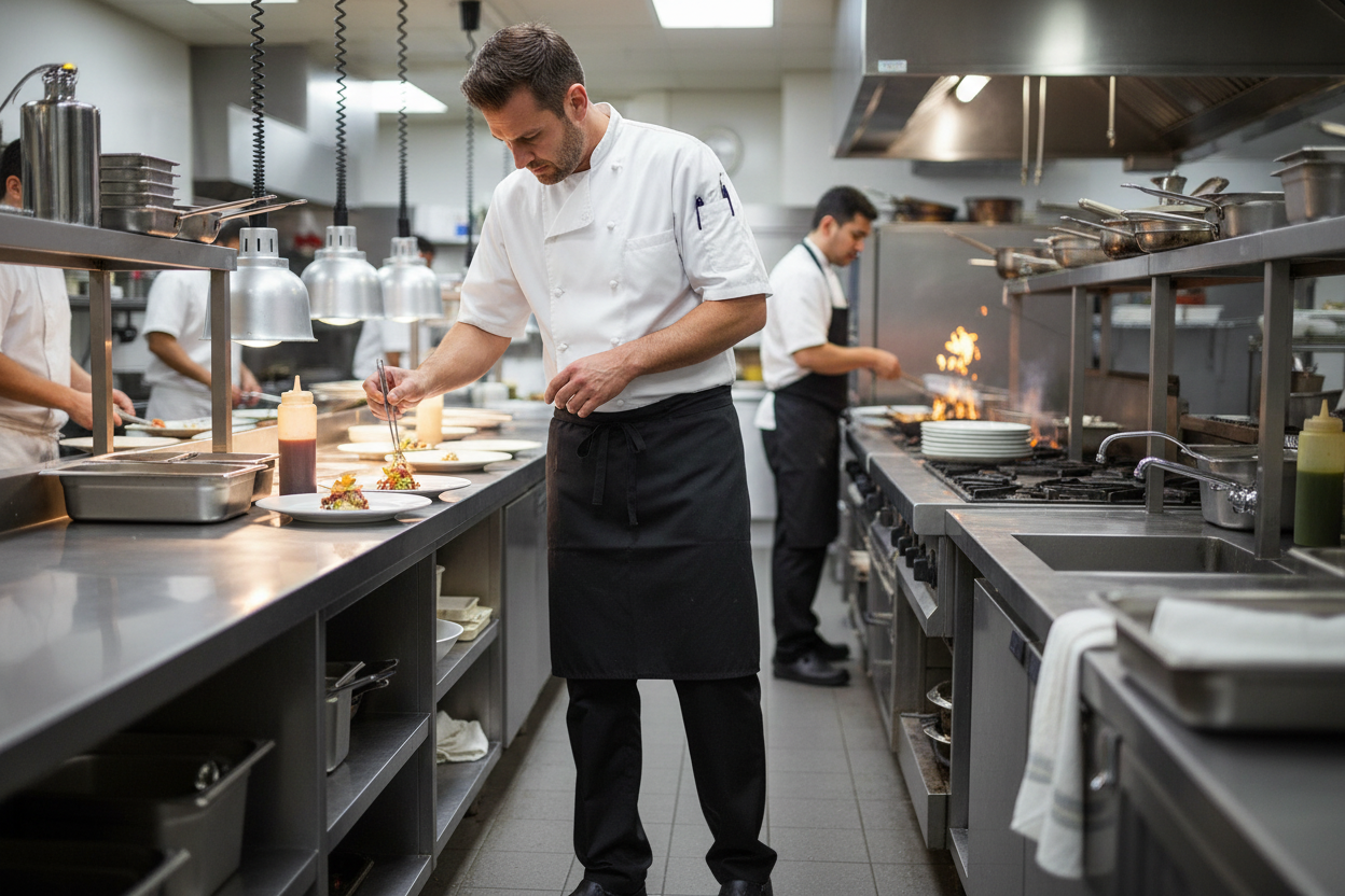 Chef Works black culinary pants worn by chef plating dishes in busy restaurant kitchen – More4less Outlet