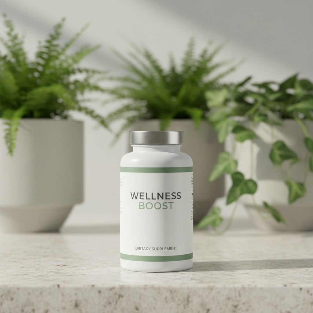 Premium white dietary supplement bottle on light stone countertop with green plants clean clinical wellness aesthetic studio lighting