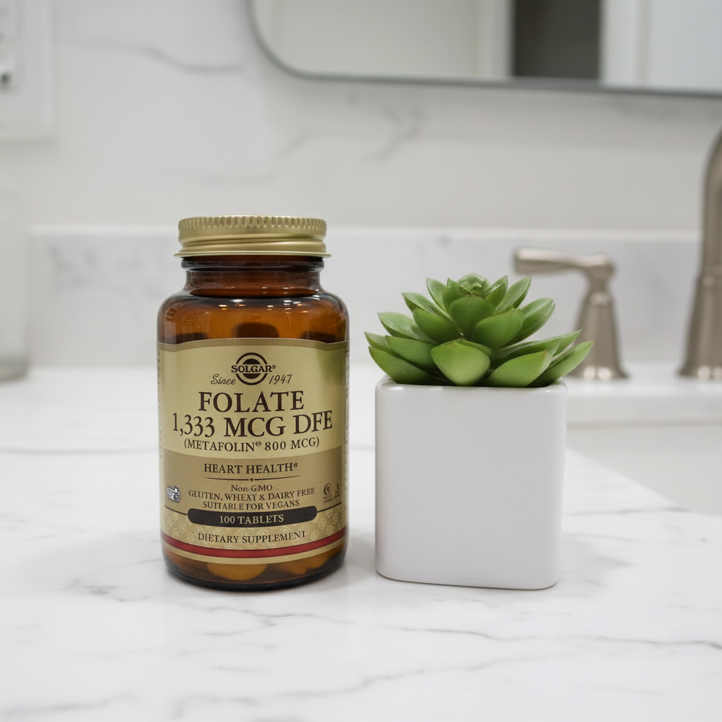 Solgar Folate 1333 mcg DFE on high-end white marble bathroom vanity next to small green succulent