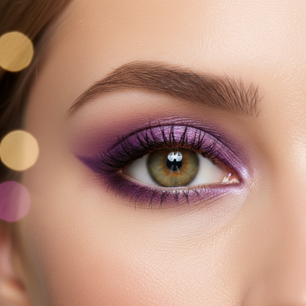 Close-up of beautifully defined jewel-toned violet eyeliner along the lash line