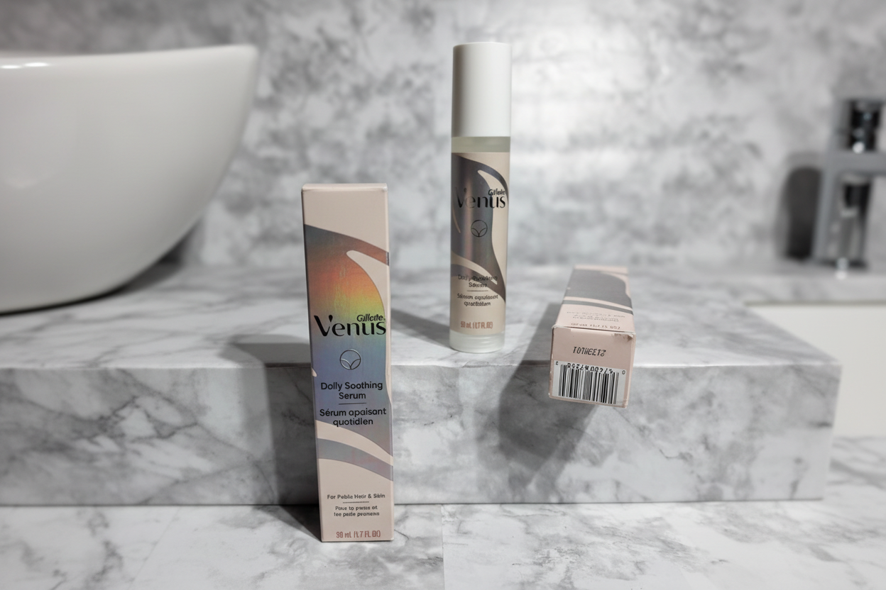 Gillette Venus Daily Soothing Serum slim pump bottle with white cap and holographic label alongside retail carton on white marble vanity in soft natural light