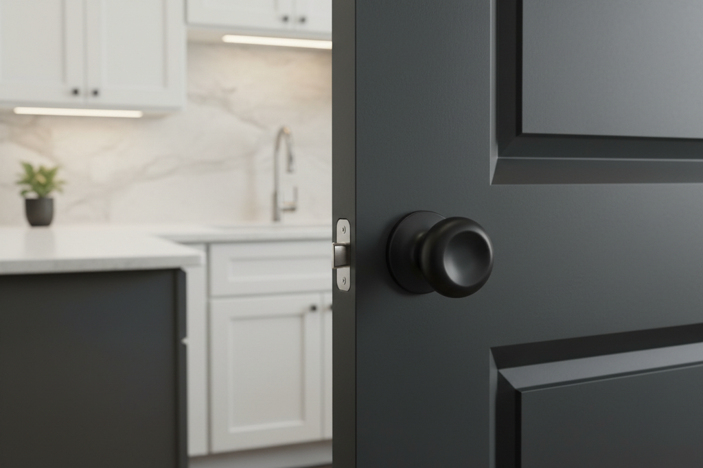 Kwikset Arroyo matte black dummy knob on charcoal pantry door in modern kitchen with white shaker cabinets - More4less Outlet