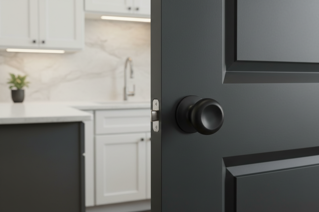 Kwikset Arroyo matte black dummy knob on charcoal pantry door in modern kitchen with white shaker cabinets - More4less Outlet