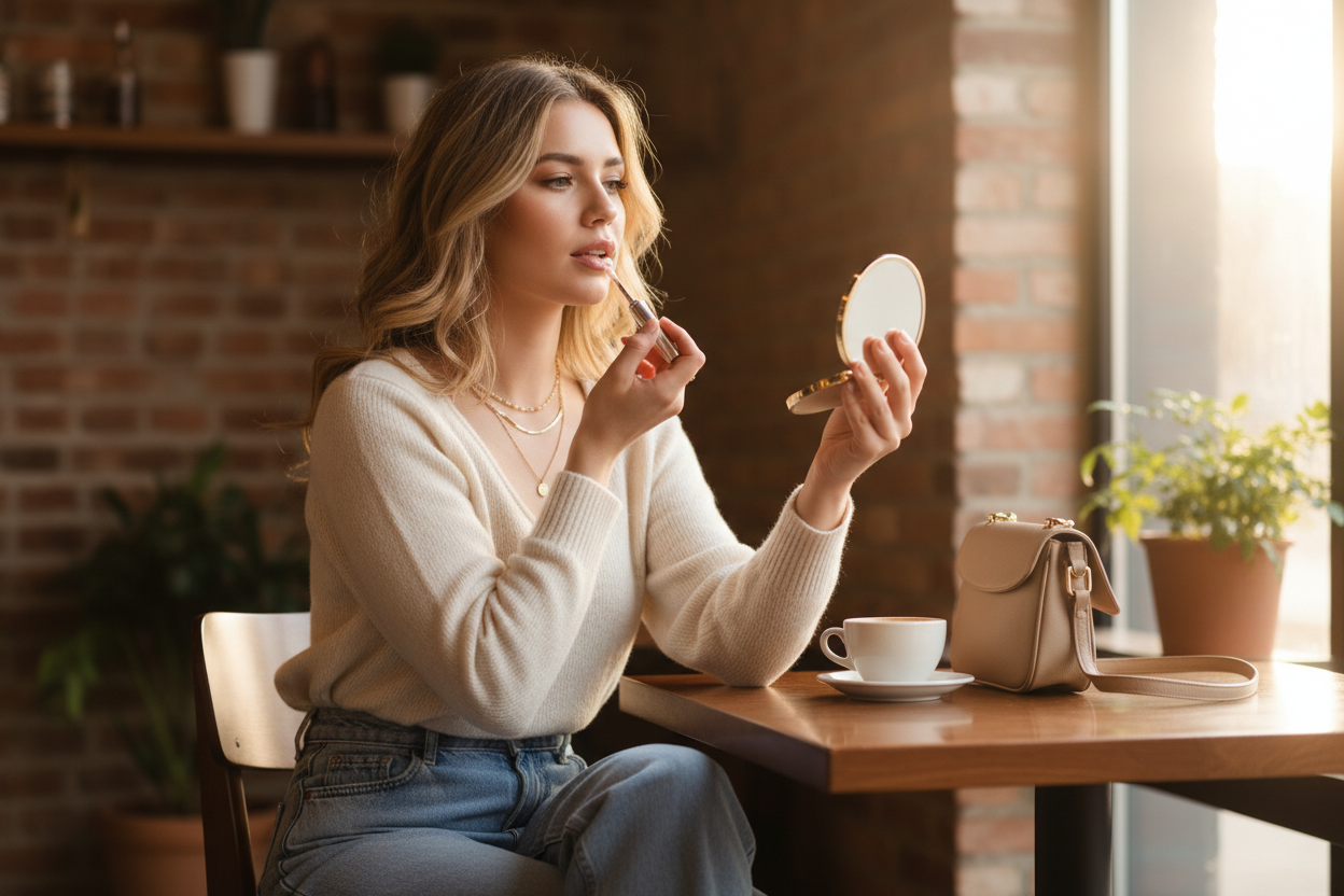 Stylish young woman applying lip gloss with small beauty pen at cafe - on-the-go beauty lifestyle