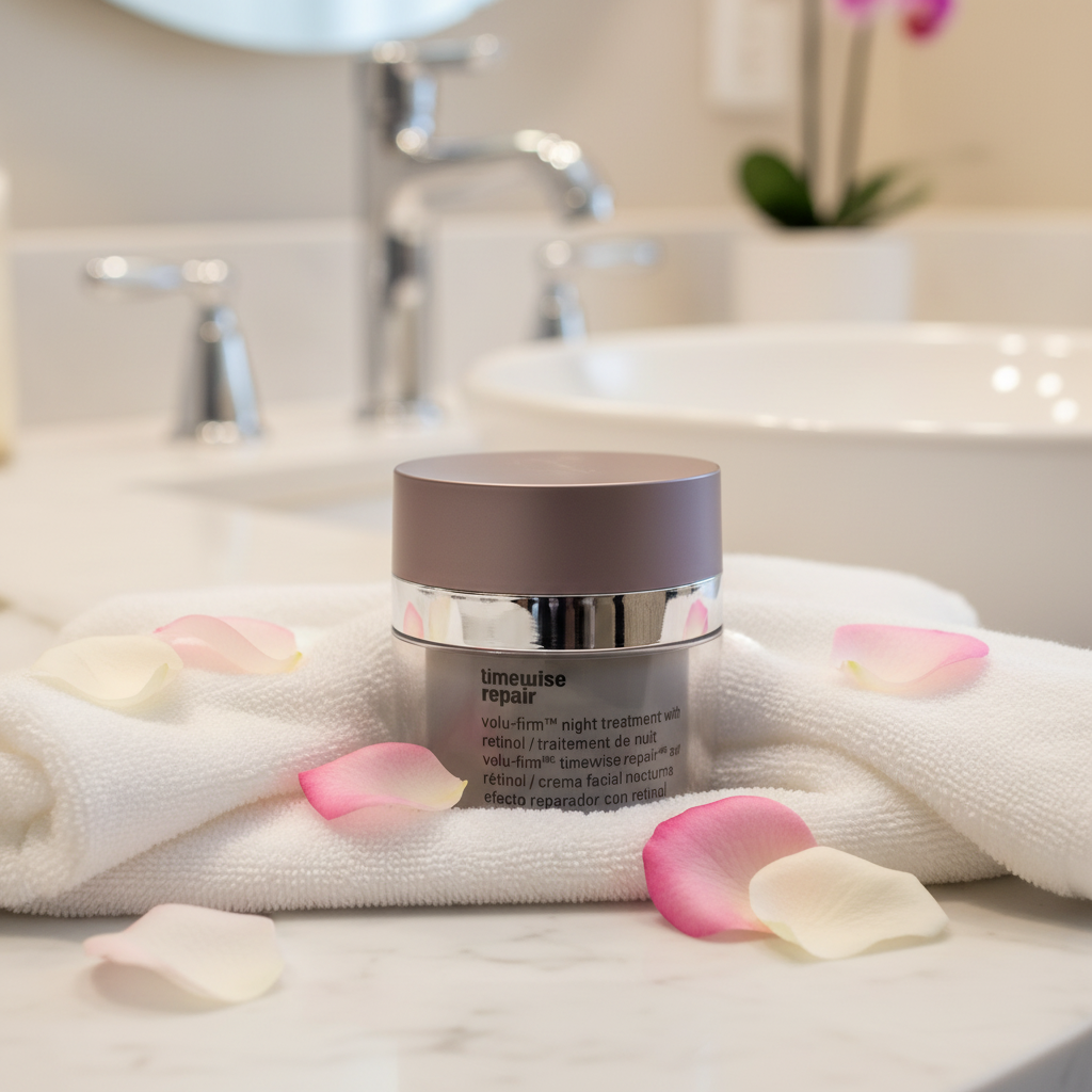 Mary Kay TimeWise Repair Volu-Firm Night Treatment Retinol jar on spa bathroom counter with rose petals – More4less Outlet