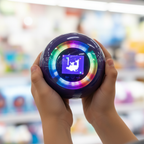 Childs hands holding the Bitzee Hamster Ball dark purple glossy sphere with colorful LED light ring glowing against a bright playful background