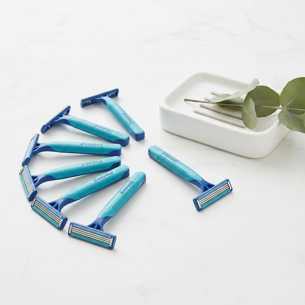 Gillette Sensor2 Plus blue razors fanned out on white surface with ceramic soap dish and eucalyptus sprig – More4less Outlet