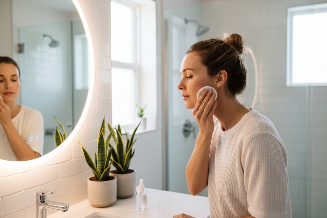 Woman applying toner with cotton pad at bathroom vanity mirror - skincare routine lifestyle