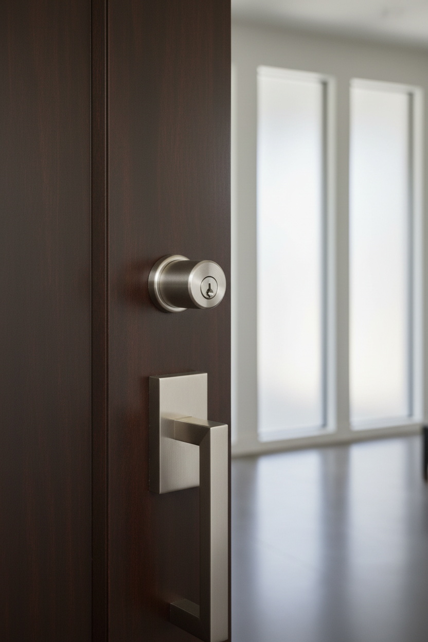 Baldwin 8321.150 Satin Nickel mortise lock cylinder installed on dark mahogany front door faceplate in contemporary entryway