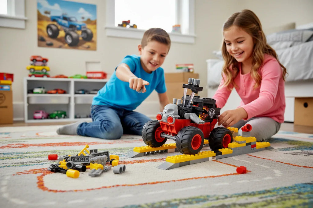 Active construction-play scene with Bone Shaker truck build and ramps on area rug