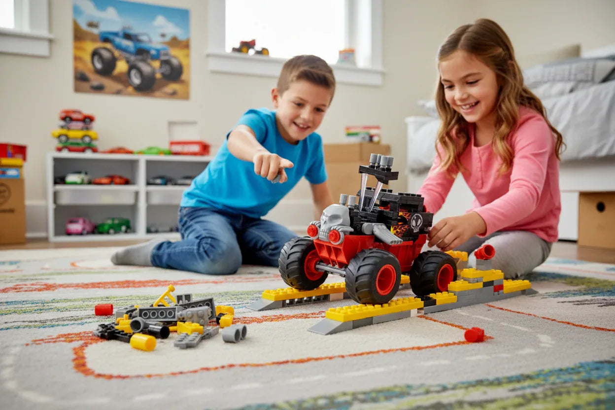 Active construction-play scene with Bone Shaker truck build and ramps on area rug