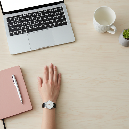 Minimalist desk flat-lay with woman's hand wearing black strap watch next to pink notebook and laptop