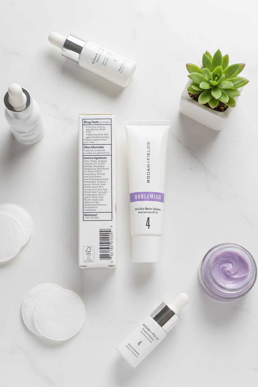 Rodan and Fields UNBLEMISH Invisible Matte Defense SPF 30 tube flat lay on white surface with purple skincare props and cotton pads – More4less Outlet