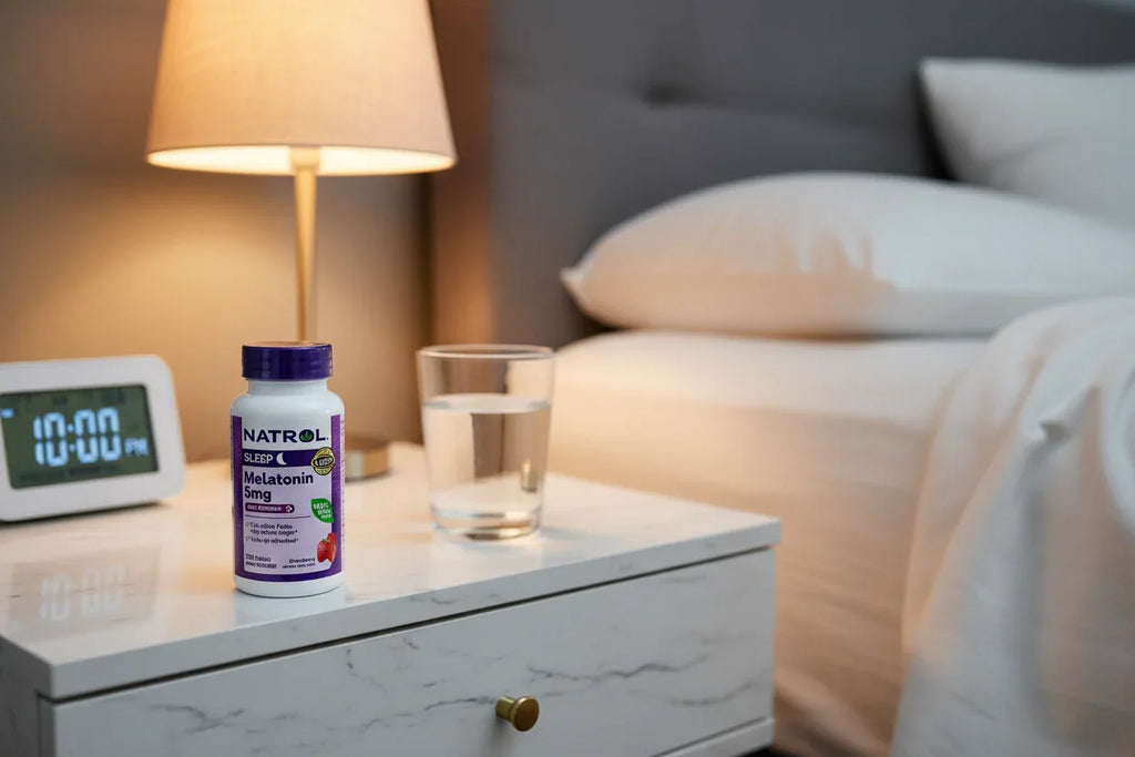 Natrol Melatonin 5mg on nightstand with water glass and alarm clock bedtime lifestyle