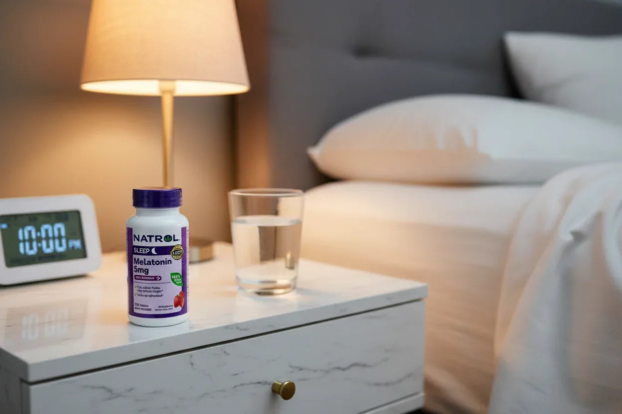 Natrol Melatonin 5mg on nightstand with water glass and alarm clock bedtime lifestyle