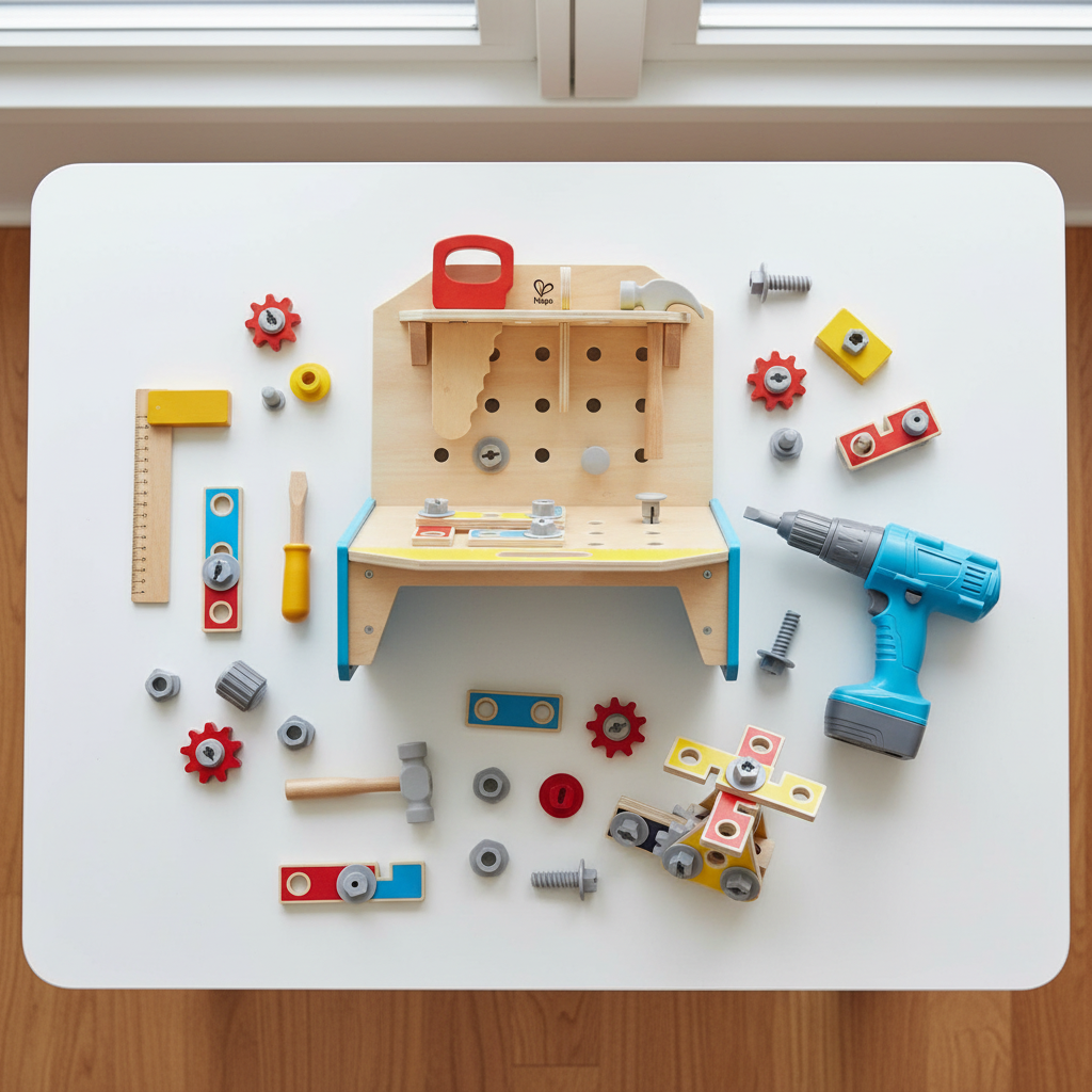 Hape Little Engineer's Workbench wooden toy set open on white playroom table with soft natural light – More4less Outlet