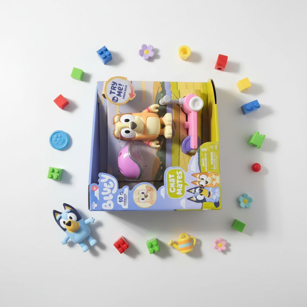 Bluey Chat Mates Bingo with Scooter talking figure factory-sealed retail display box flat-lay on white surface alongside scattered Bluey-themed accessories and colorful toys